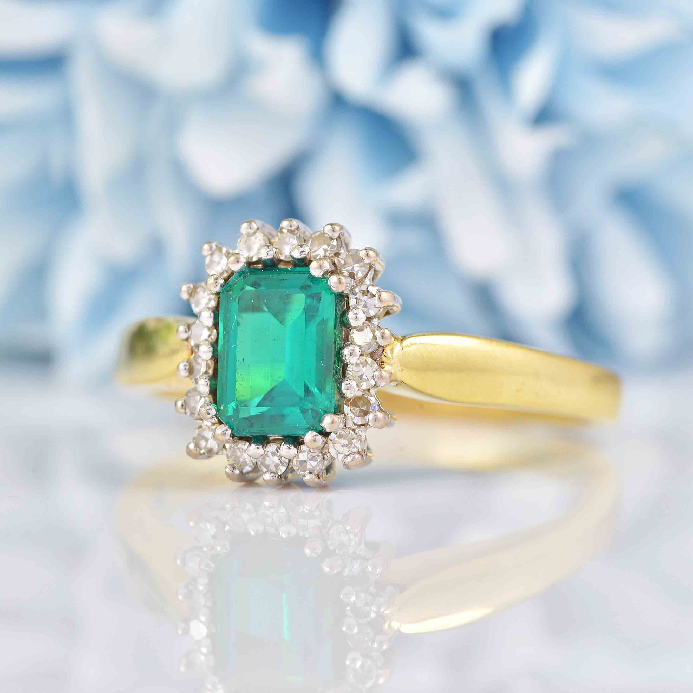 Ellibelle Jewellery Vintage 1992 Synthetic Emerald & Diamond 18ct Gold Cluster Ring