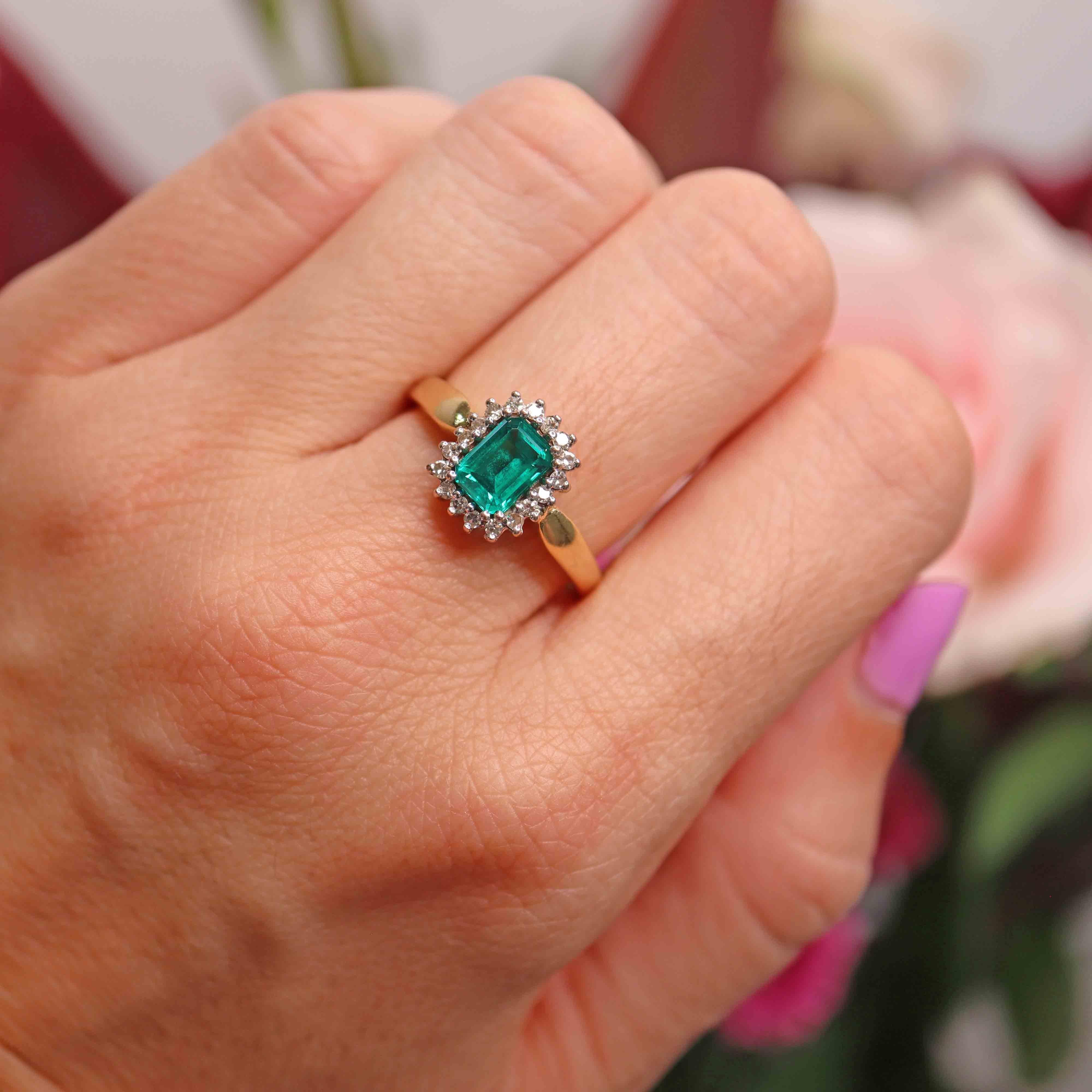 Ellibelle Jewellery Vintage 1992 Synthetic Emerald & Diamond 18ct Gold Cluster Ring