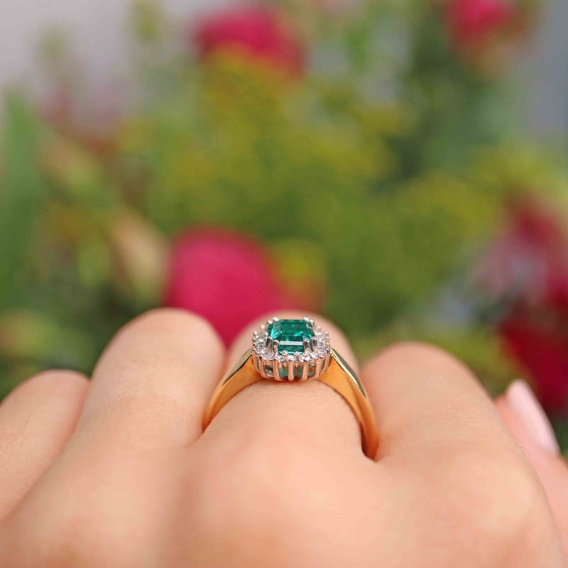 Ellibelle Jewellery Vintage 1992 Synthetic Emerald & Diamond Cluster Ring