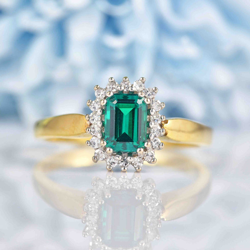 Ellibelle Jewellery Vintage 1992 Synthetic Emerald & Diamond Cluster Ring