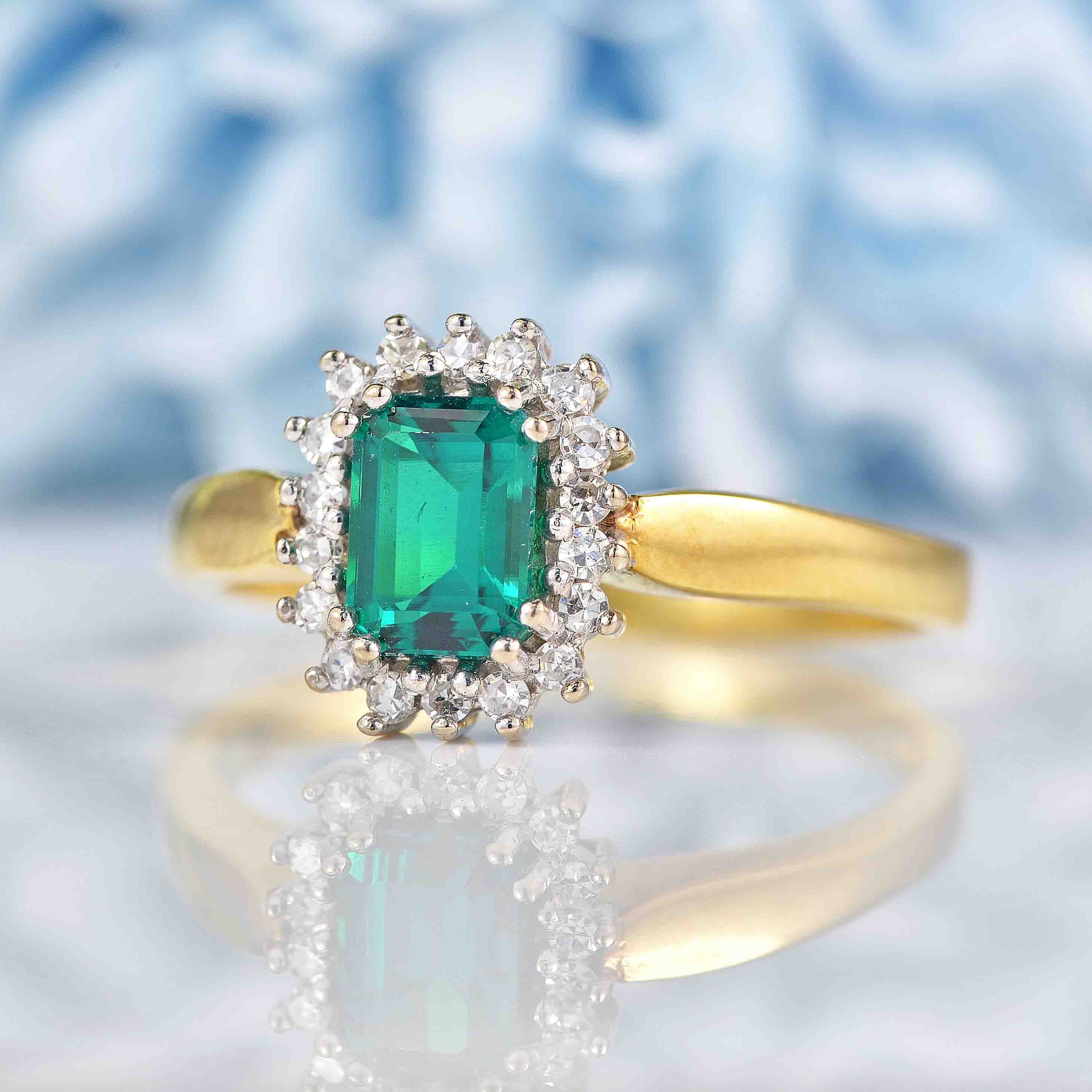 Ellibelle Jewellery Vintage 1992 Synthetic Emerald & Diamond Cluster Ring