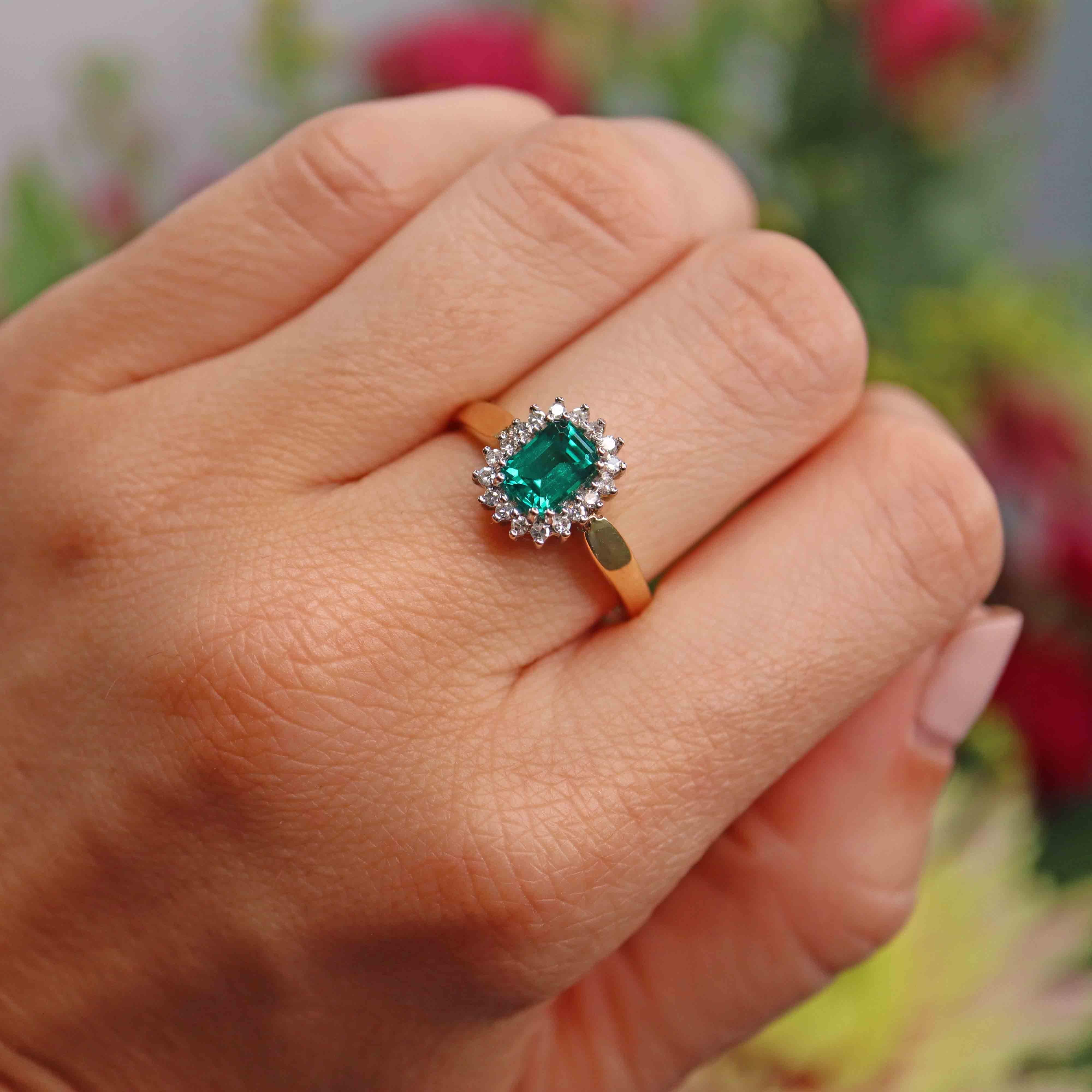 Ellibelle Jewellery Vintage 1992 Synthetic Emerald & Diamond Cluster Ring