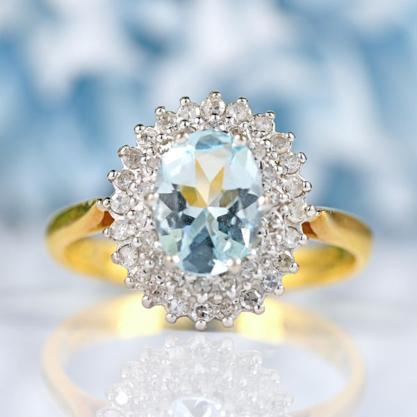 Ellibelle Jewellery Vintage 1993 Aquamarine & Diamond 18ct Gold Cluster Ring