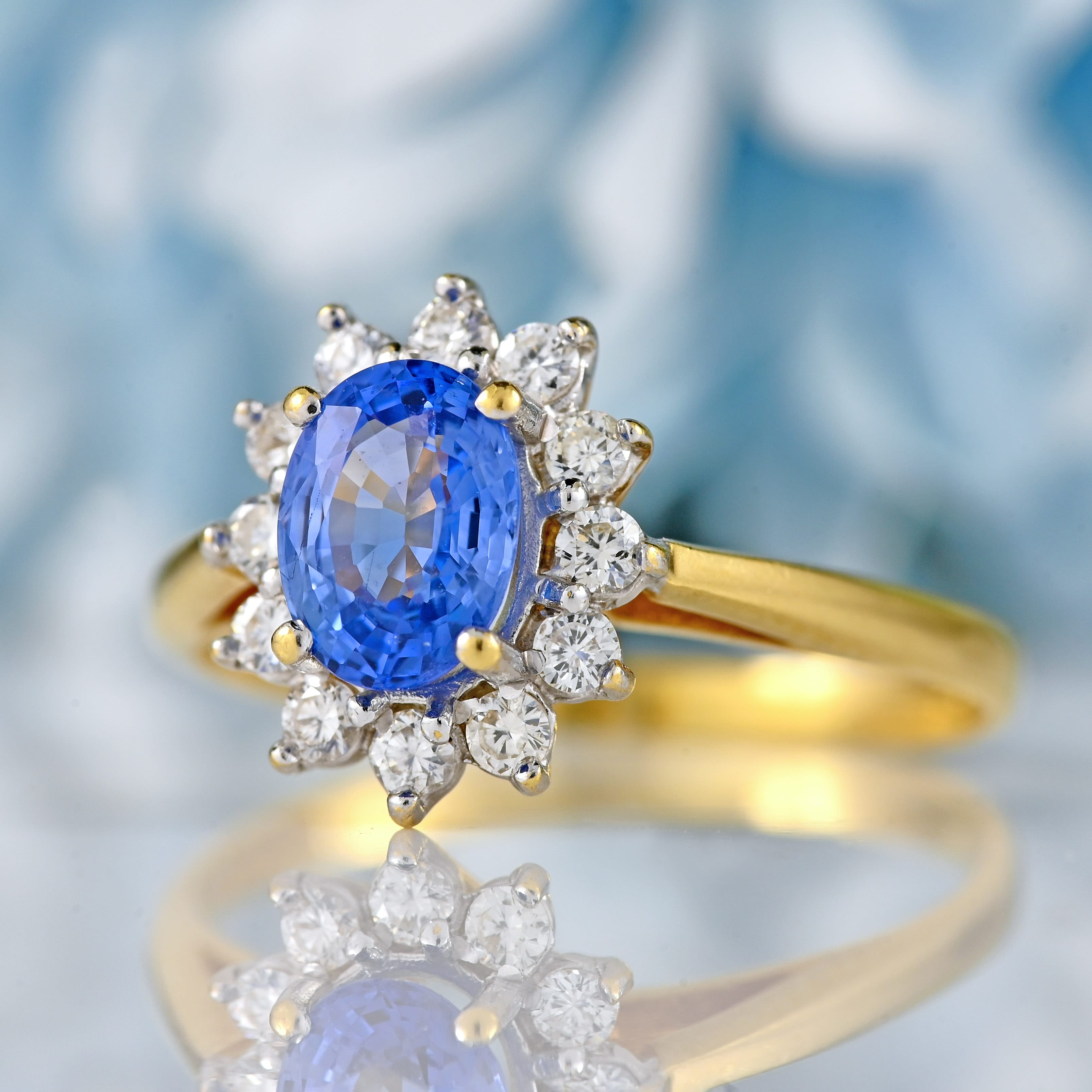 Ellibelle Jewellery Vintage 1993 Ceylon Sapphire & Diamond 18ct Gold Cluster Ring