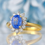 Ellibelle Jewellery Vintage 1993 Ceylon Sapphire & Diamond 18ct Gold Cluster Ring