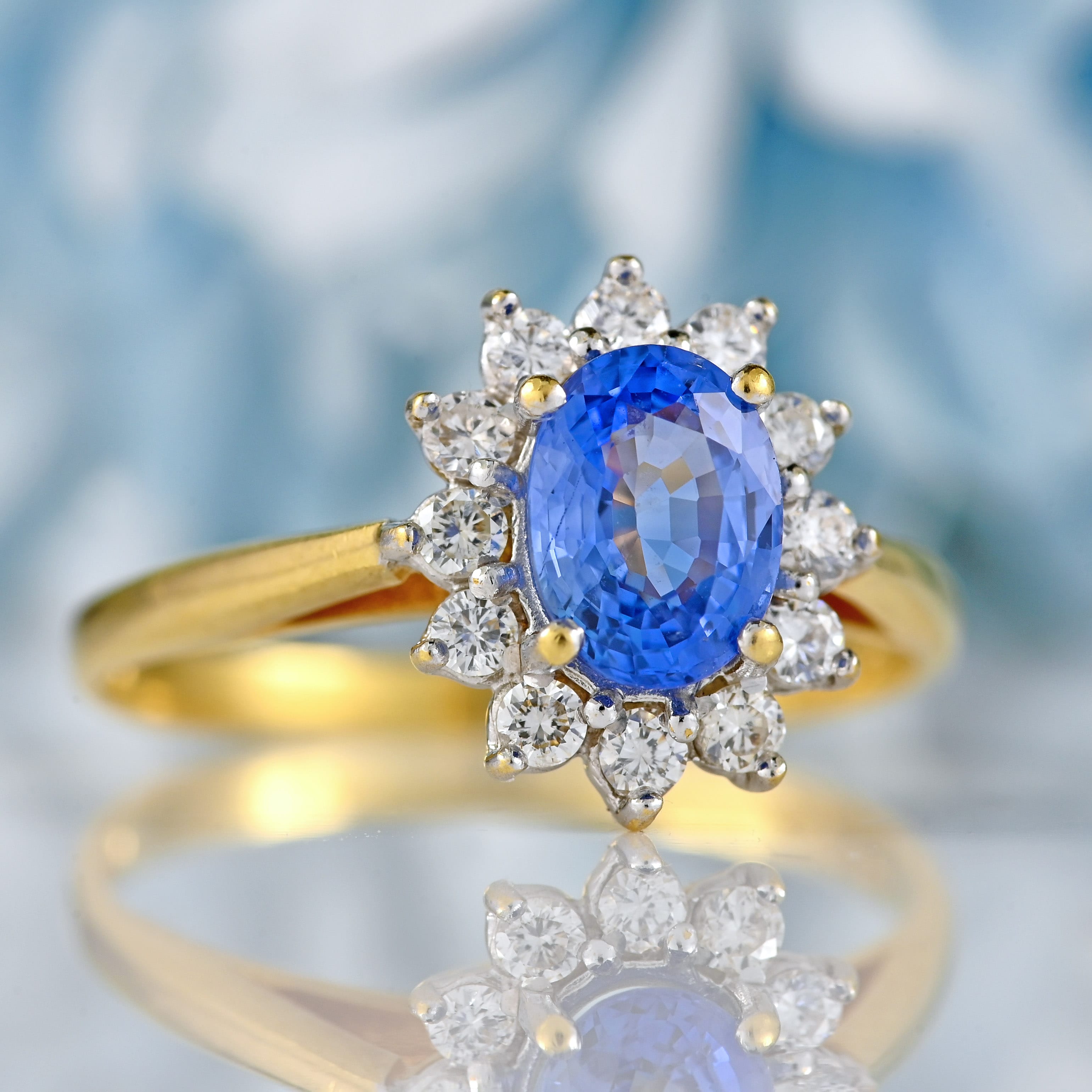 Ellibelle Jewellery Vintage 1993 Ceylon Sapphire & Diamond 18ct Gold Cluster Ring