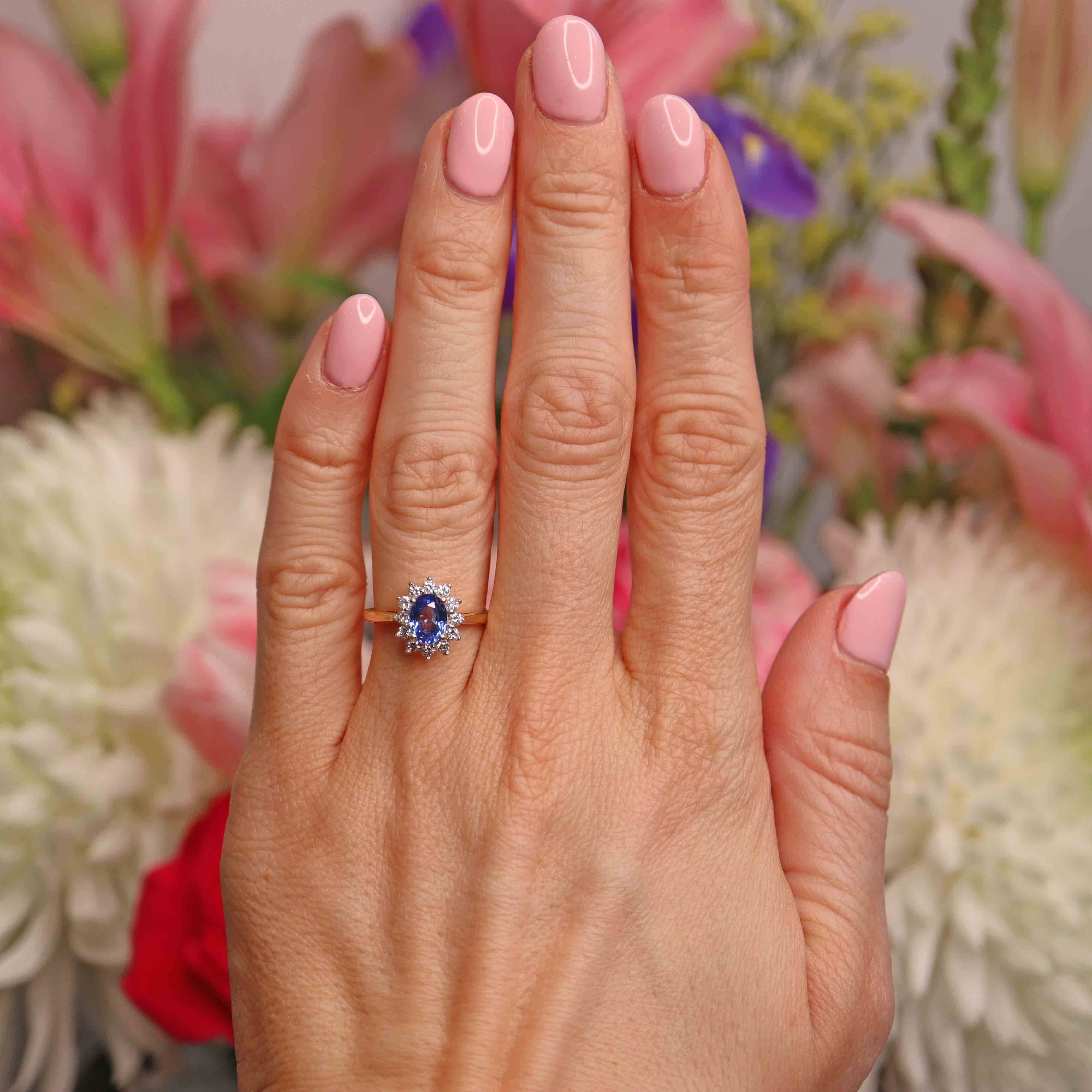 Ellibelle Jewellery Vintage 1993 Ceylon Sapphire & Diamond 18ct Gold Cluster Ring