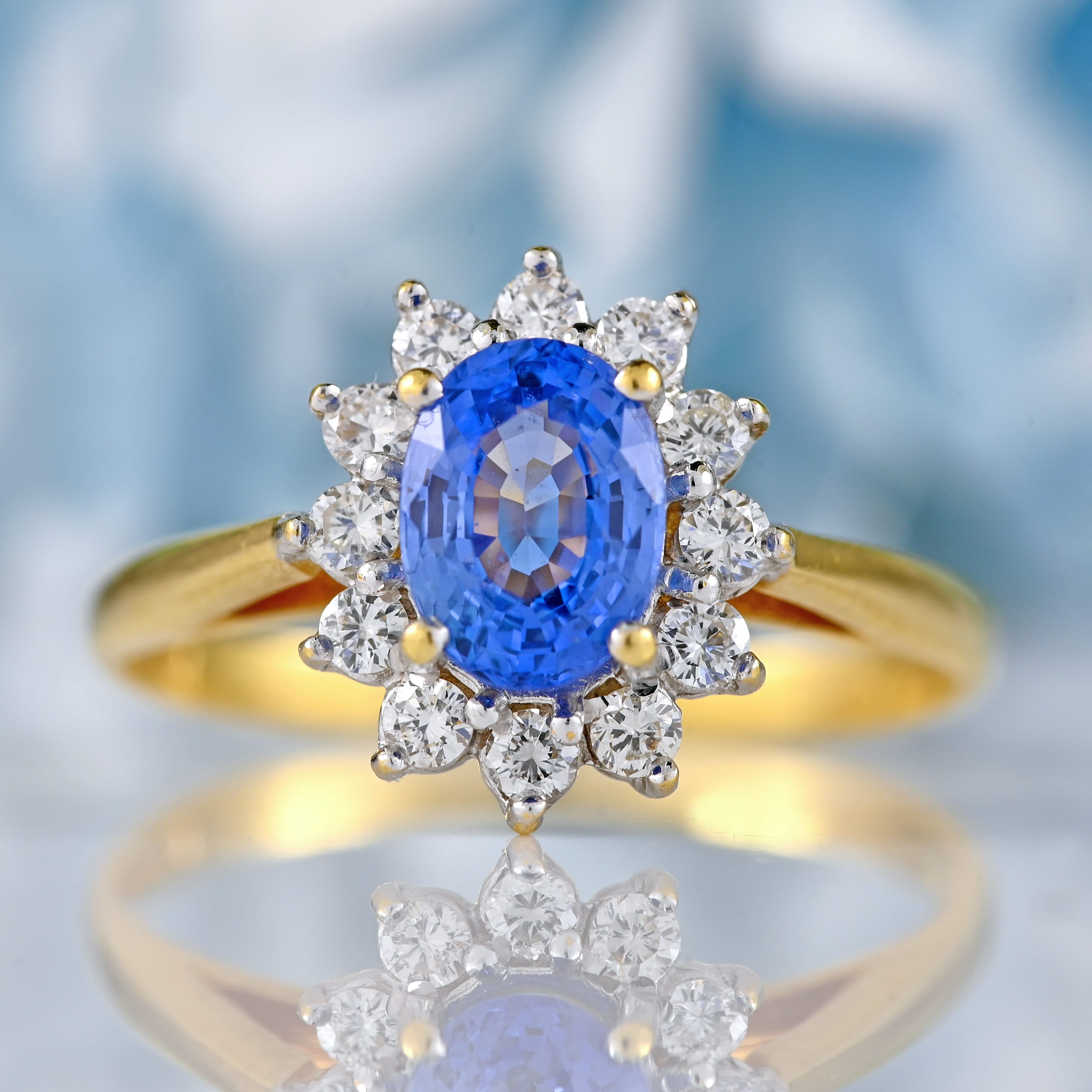 Ellibelle Jewellery Vintage 1993 Ceylon Sapphire & Diamond 18ct Gold Cluster Ring