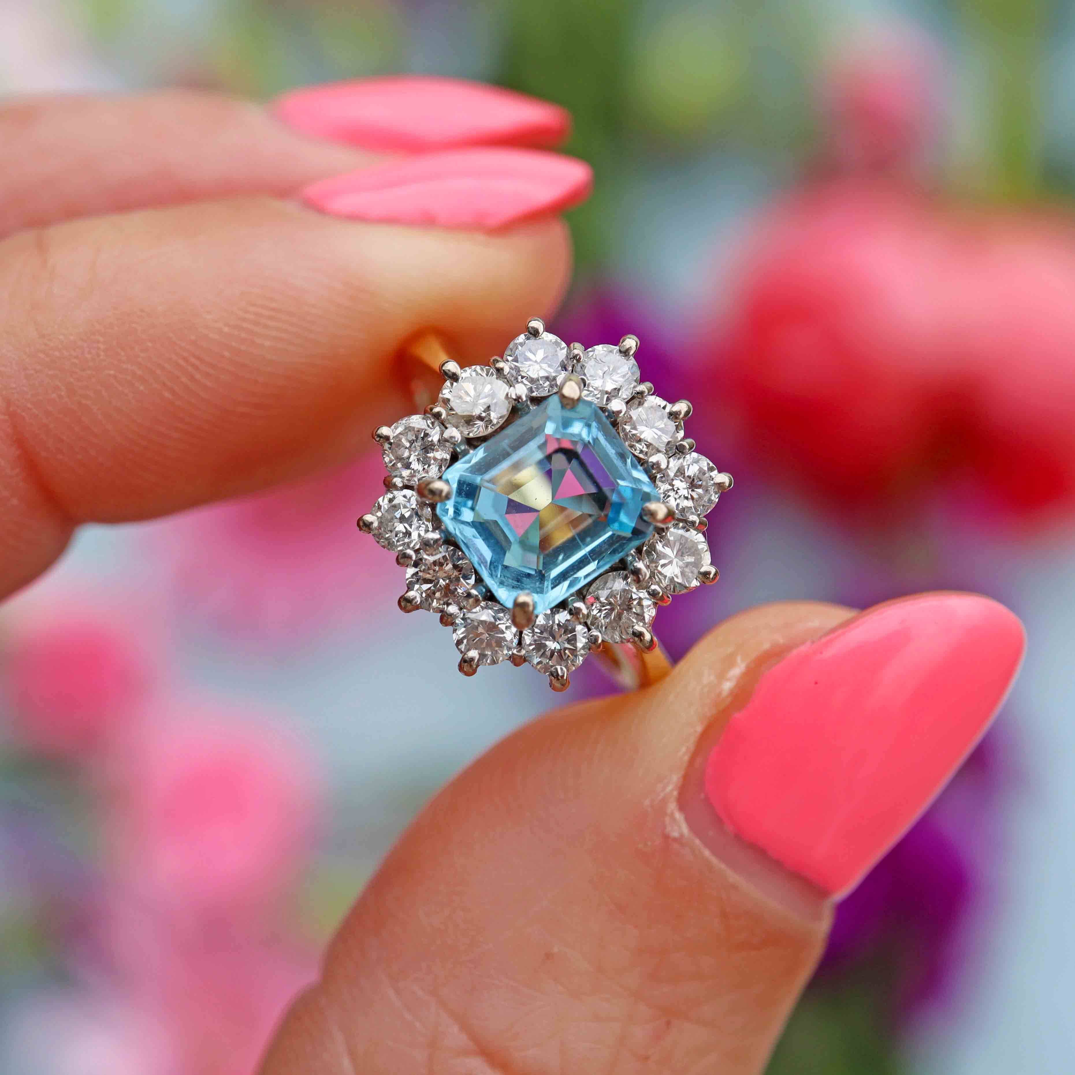 Ellibelle Jewellery Vintage 1993 Emerald-Cut Aquamarine & Diamond 18ct Gold Cluster Ring