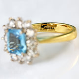 Ellibelle Jewellery Vintage 1993 Emerald-Cut Aquamarine & Diamond 18ct Gold Cluster Ring