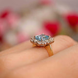 Ellibelle Jewellery Vintage 1993 Emerald-Cut Aquamarine & Diamond 18ct Gold Cluster Ring