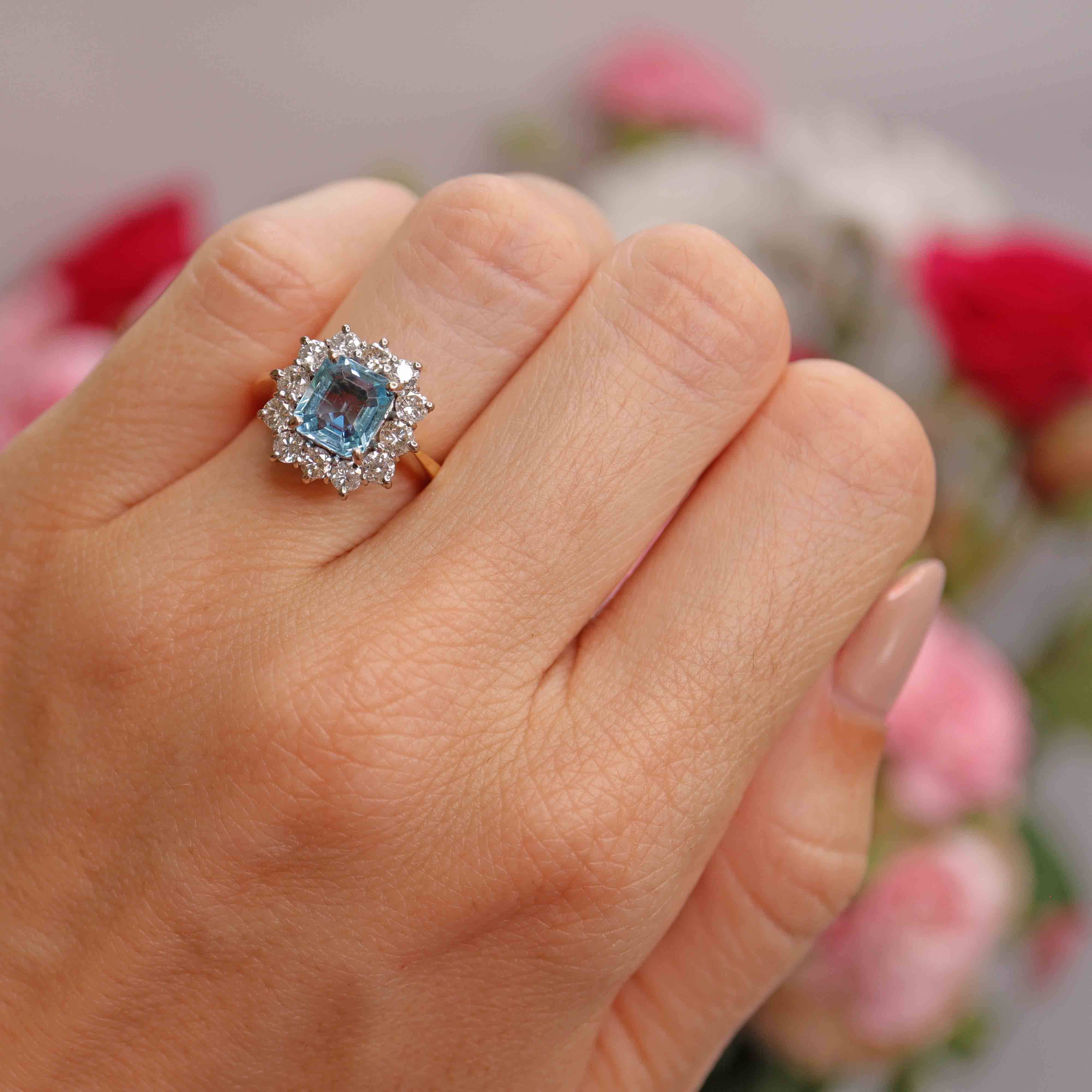 Ellibelle Jewellery Vintage 1993 Emerald-Cut Aquamarine & Diamond 18ct Gold Cluster Ring