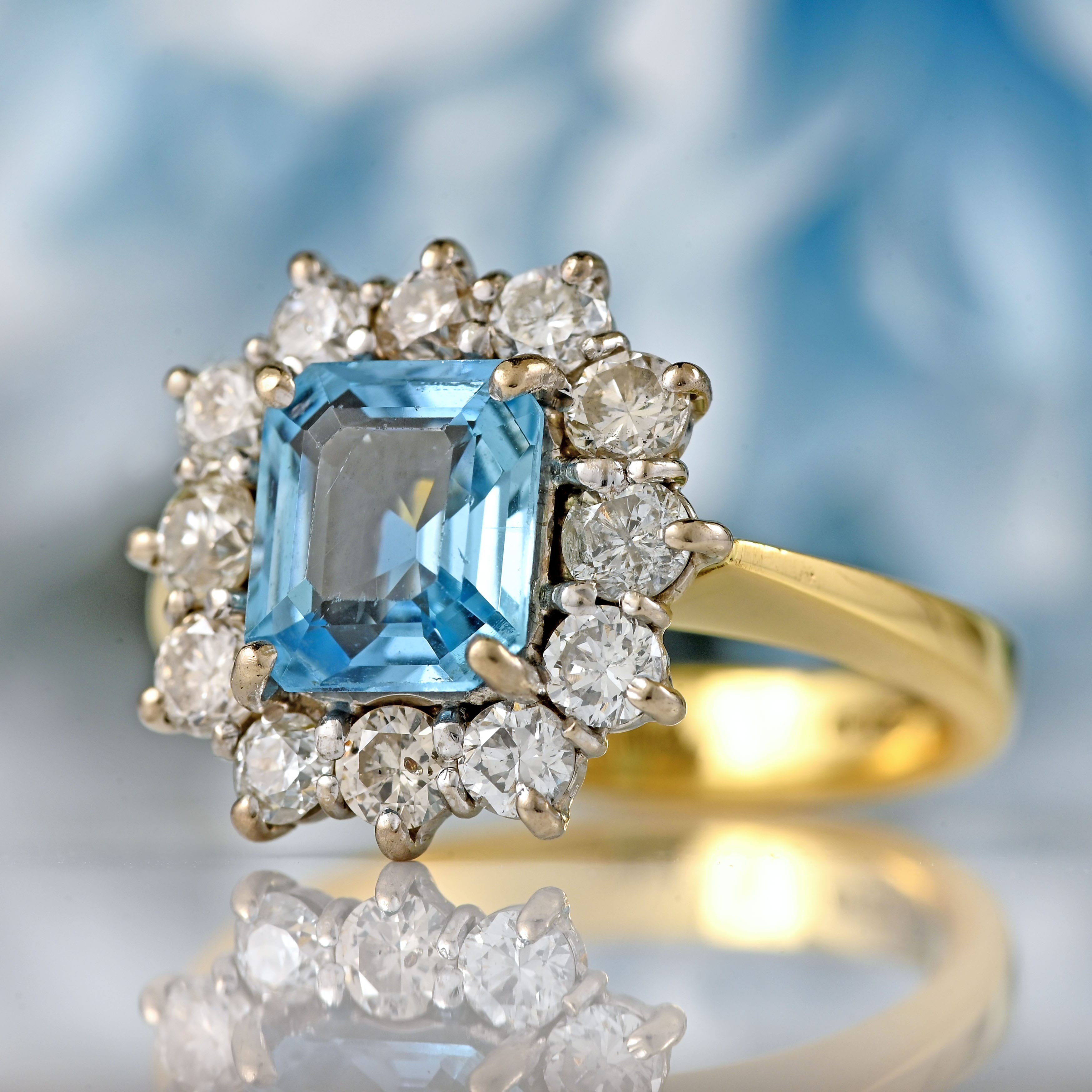 Ellibelle Jewellery Vintage 1993 Emerald-Cut Aquamarine & Diamond 18ct Gold Cluster Ring