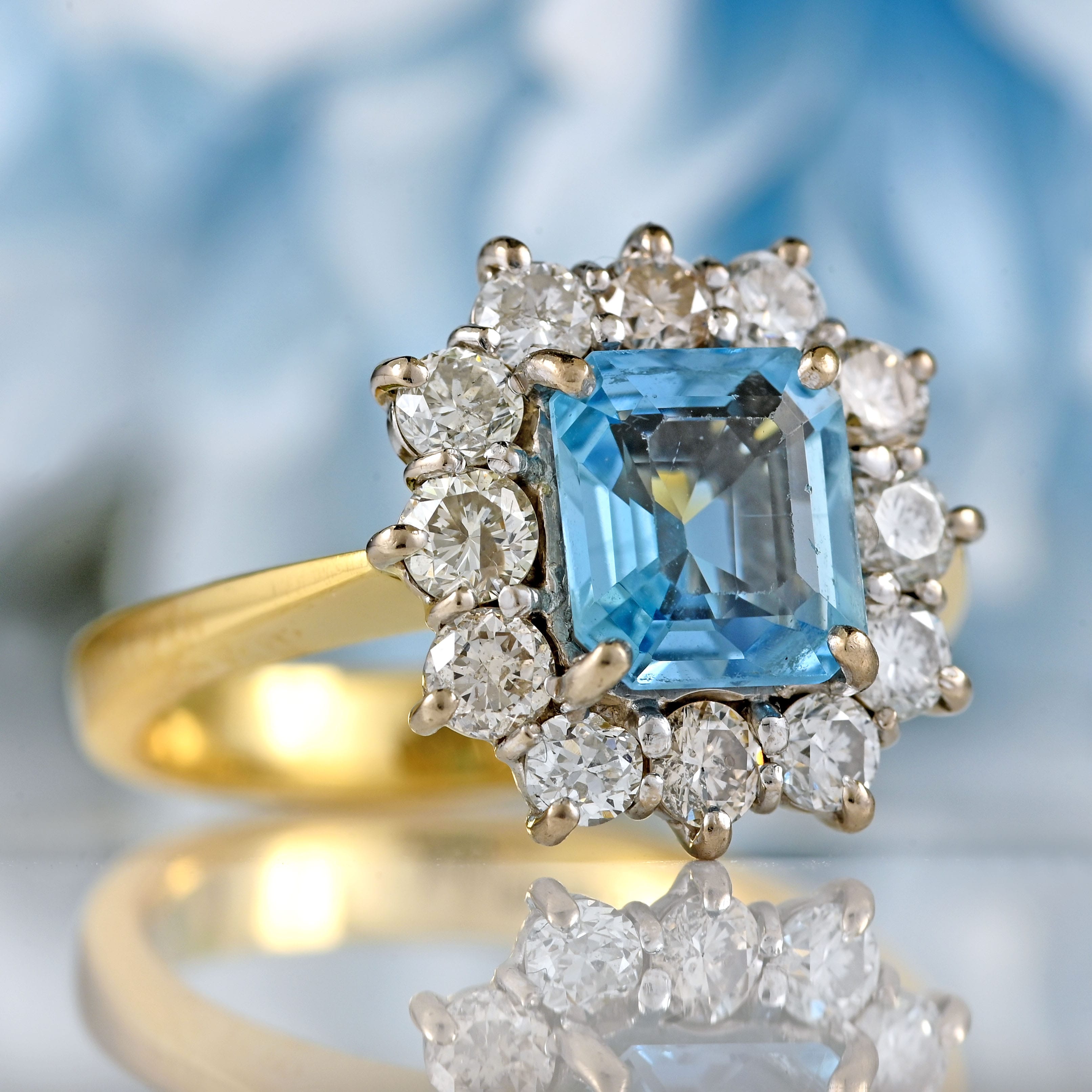 Ellibelle Jewellery Vintage 1993 Emerald-Cut Aquamarine & Diamond 18ct Gold Cluster Ring