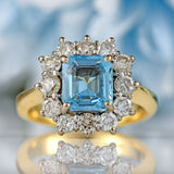 Ellibelle Jewellery Vintage 1993 Emerald-Cut Aquamarine & Diamond 18ct Gold Cluster Ring