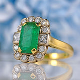 Ellibelle Jewellery Vintage 1993 Emerald & Diamond 18ct Gold Cluster Engagement Ring