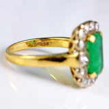 Ellibelle Jewellery Vintage 1993 Emerald & Diamond 18ct Gold Cluster Engagement Ring