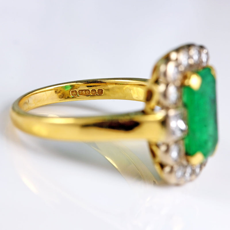 Ellibelle Jewellery Vintage 1993 Emerald & Diamond 18ct Gold Cluster Engagement Ring