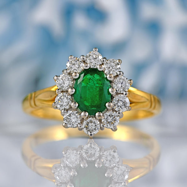 Ellibelle Jewellery Vintage 1993 Emerald & Diamond 18ct Gold Cluster Ring (0.60ct)