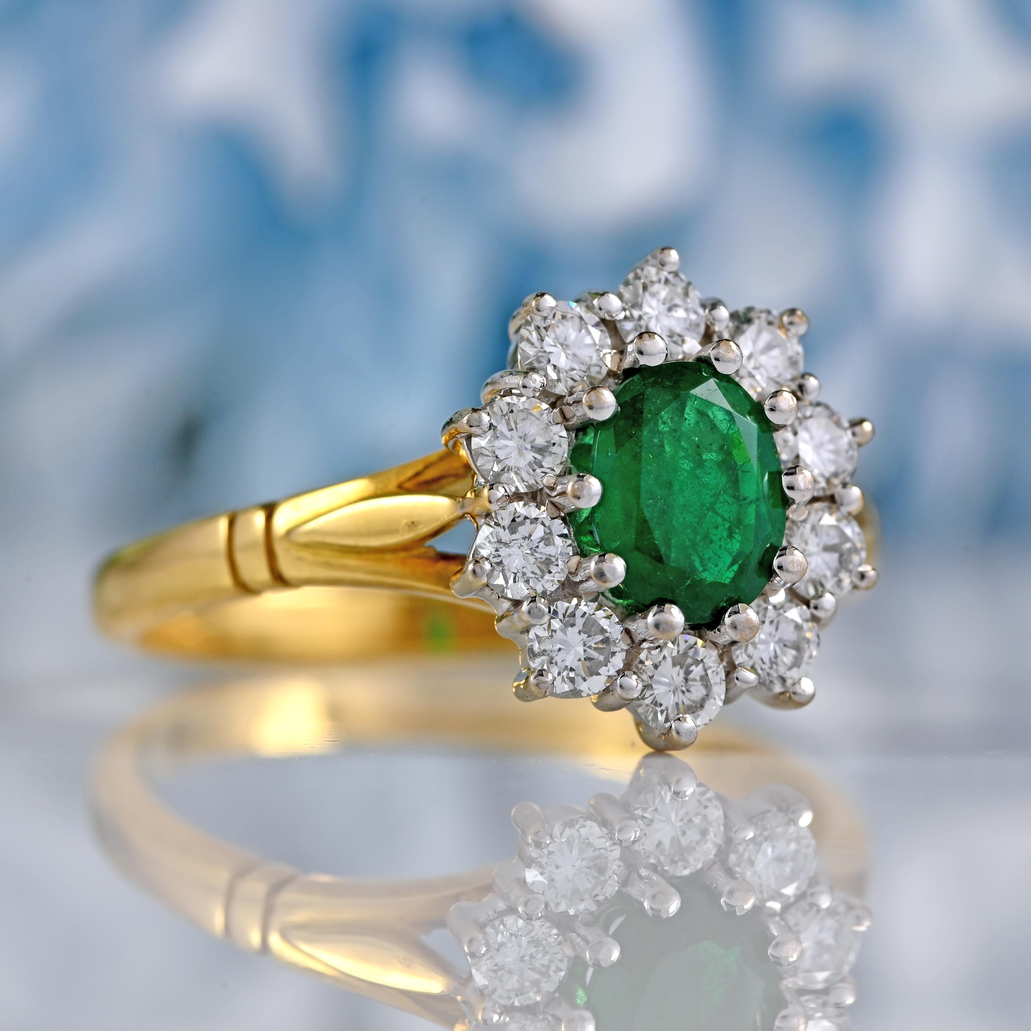 Ellibelle Jewellery Vintage 1993 Emerald & Diamond 18ct Gold Cluster Ring (0.60ct)