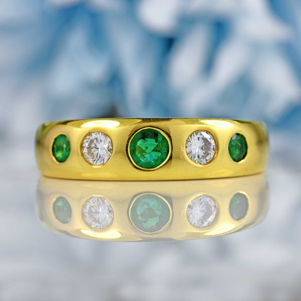 Ellibelle Jewellery Vintage 1993 Emerald & Diamond 18ct Gold Gypsy Band Ring