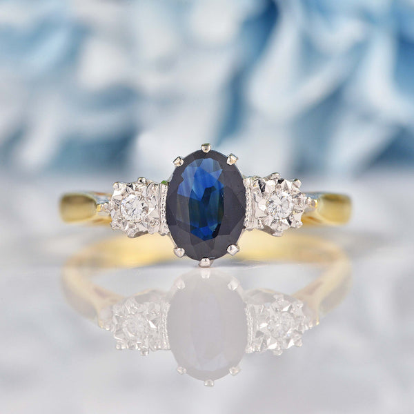 Ellibelle Jewellery Vintage 1993 Sapphire & Diamond Three-Stone Engagement Ring