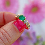 Ellibelle Jewellery Vintage 1993 Square-Cut Emerald & Vari-Cut Diamond 18ct Gold Ring