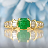 Ellibelle Jewellery Vintage 1993 Square-Cut Emerald & Vari-Cut Diamond 18ct Gold Ring