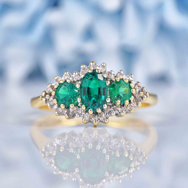 Ellibelle Jewellery Vintage 1993 Synthetic Emerald & Diamond Triple Cluster Ring