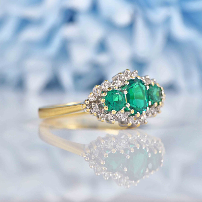 Ellibelle Jewellery Vintage 1993 Synthetic Emerald & Diamond Triple Cluster Ring