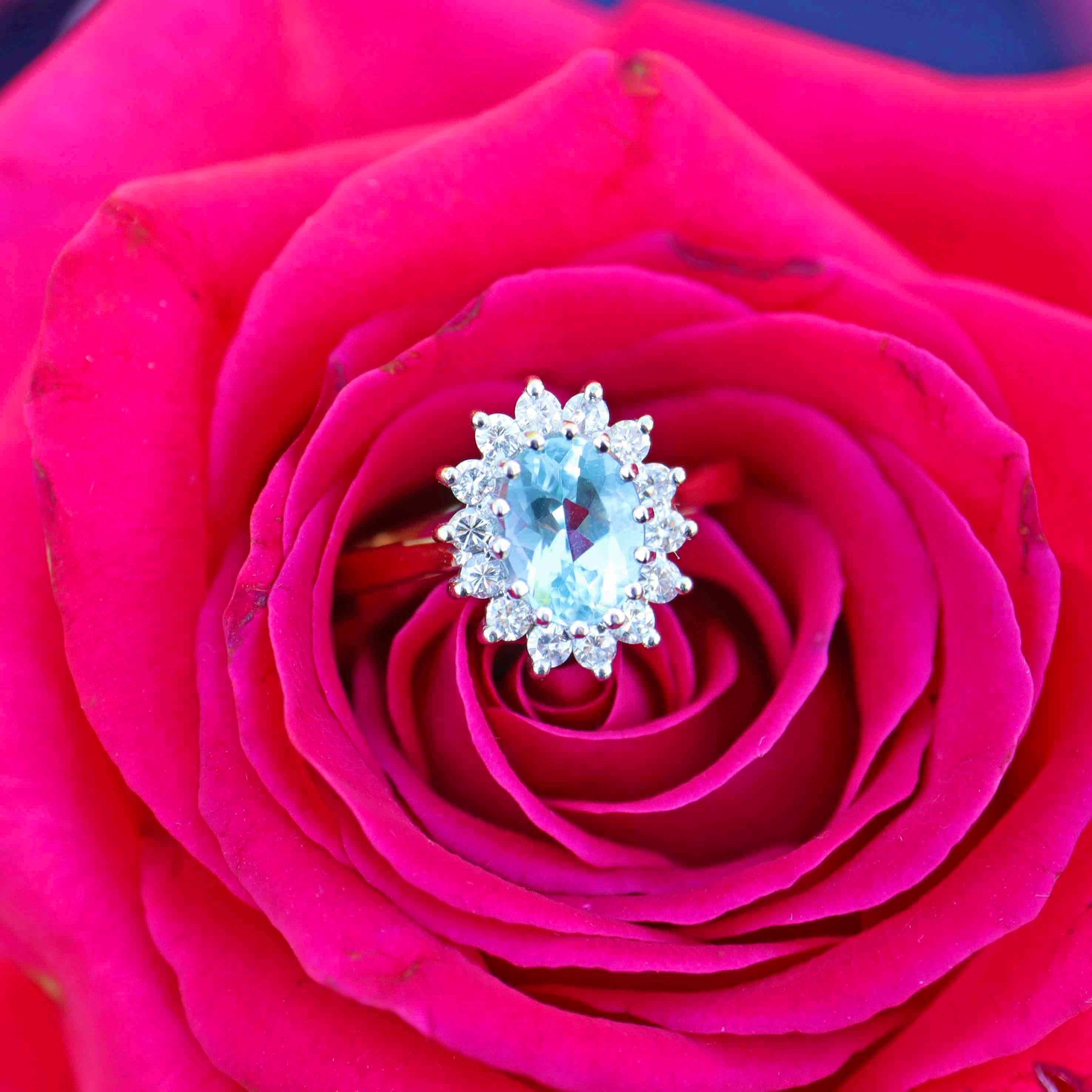 Ellibelle Jewellery Vintage 1994 Aquamarine & Diamond 18ct Gold Cluster Ring