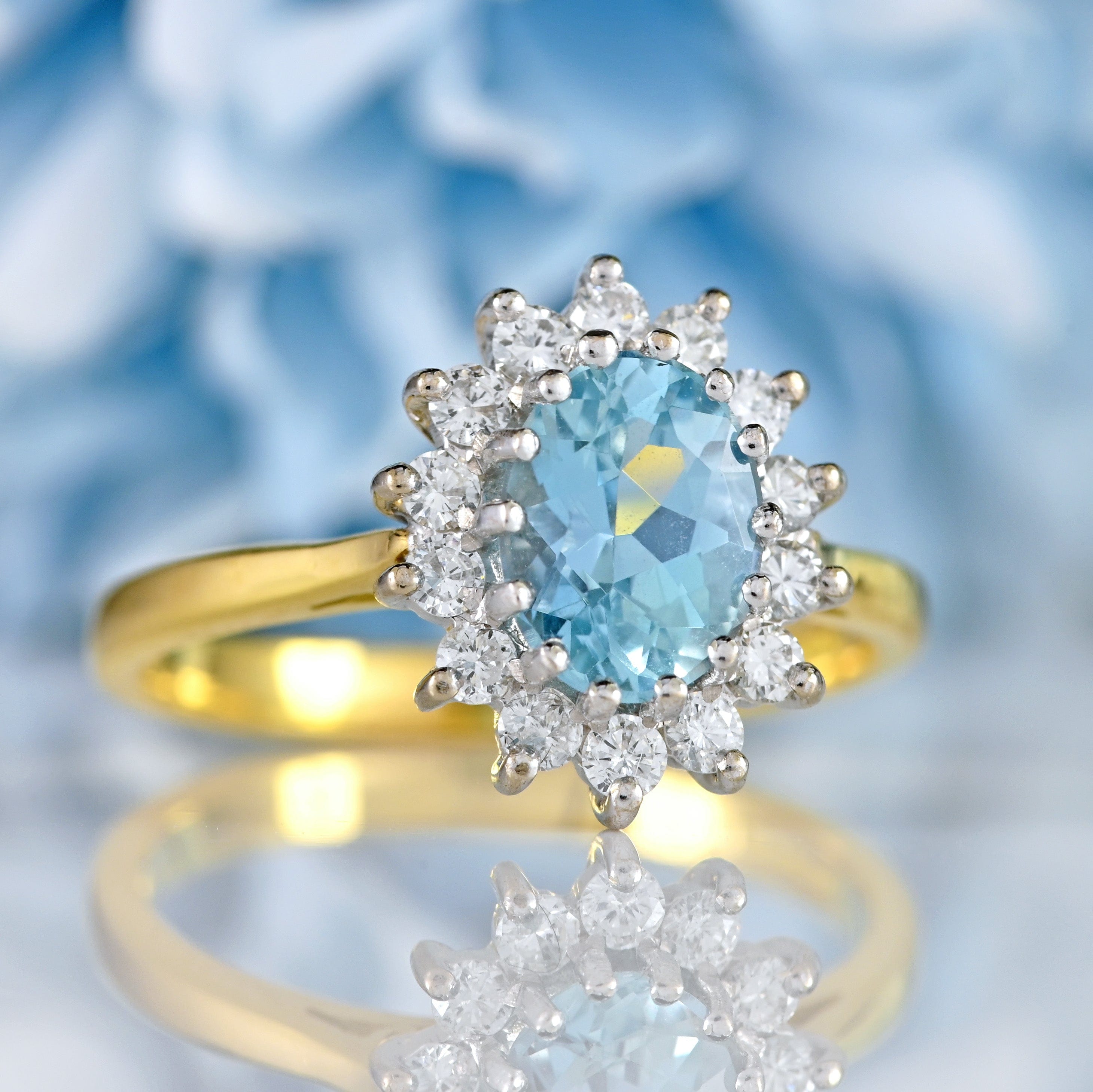 Ellibelle Jewellery Vintage 1994 Aquamarine & Diamond 18ct Gold Cluster Ring