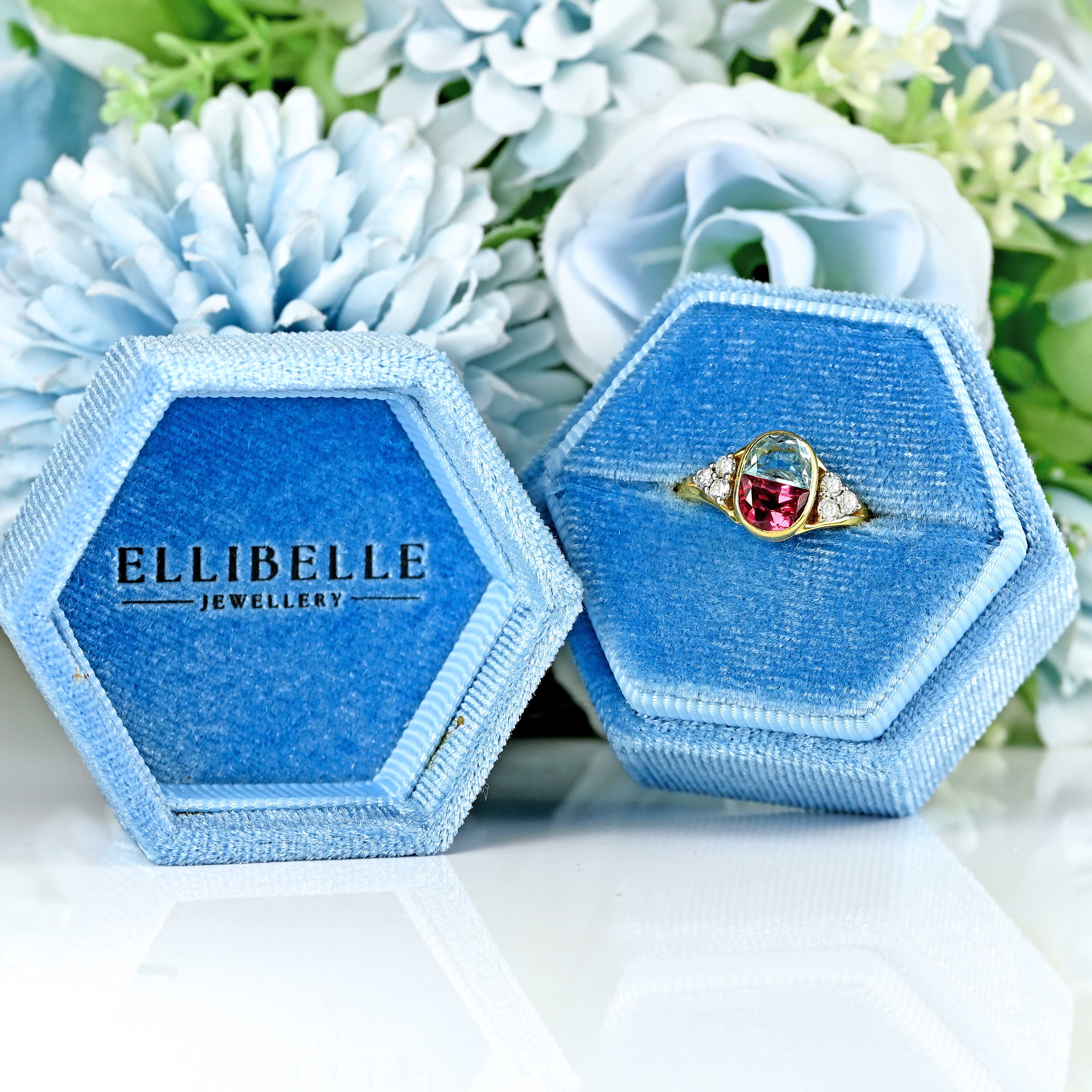 Ellibelle Jewellery Vintage 1994 Half-Moon Cut Aquamarine, Pink Tourmaline & Diamond 18ct Gold Ring