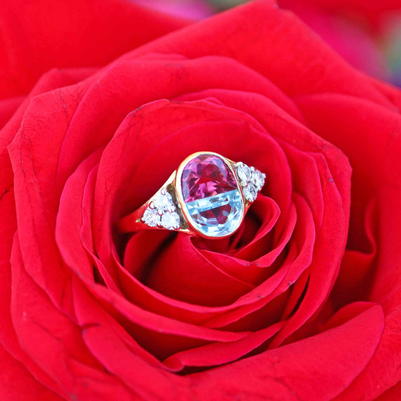 Ellibelle Jewellery Vintage 1994 Half-Moon Cut Aquamarine, Pink Tourmaline & Diamond 18ct Gold Ring