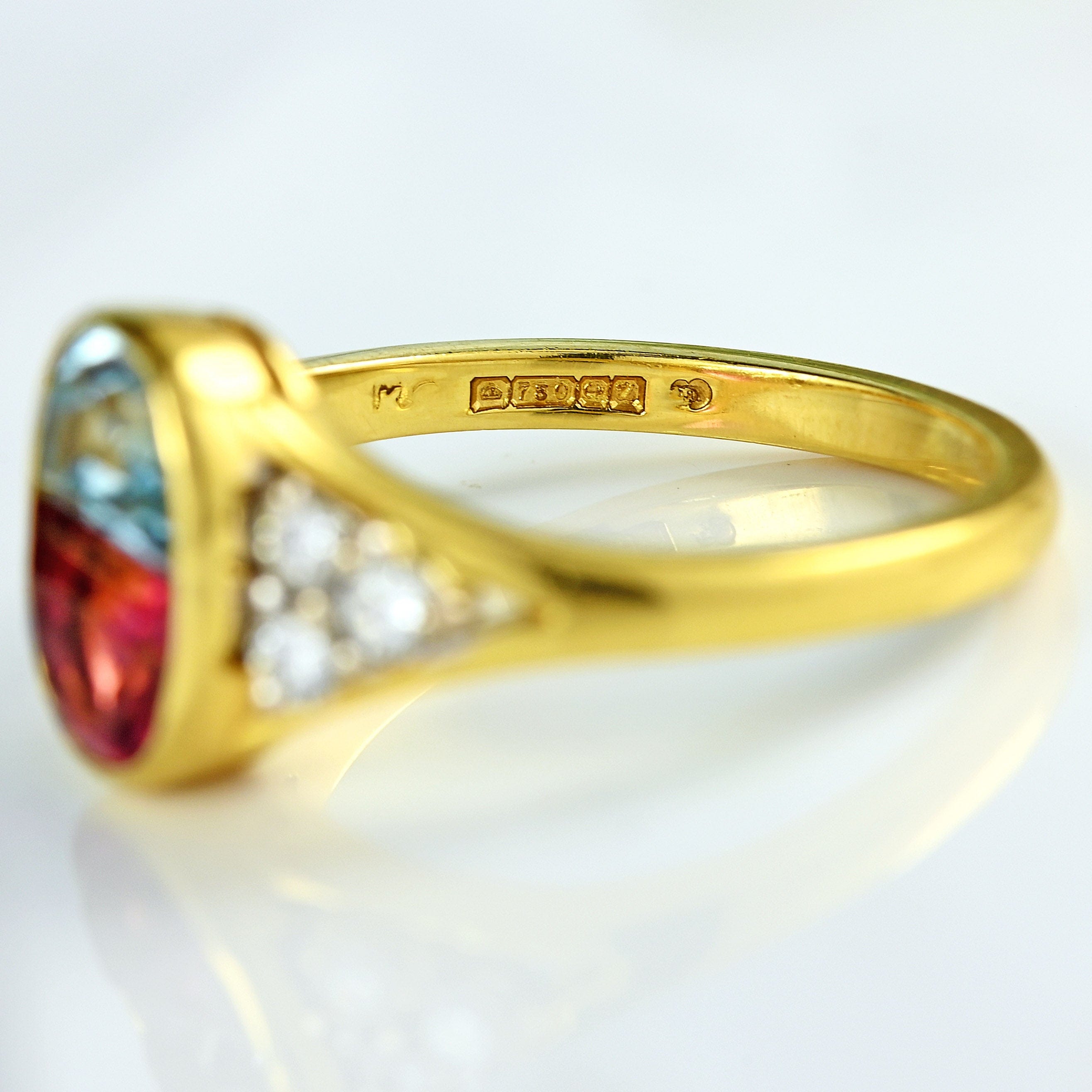 Ellibelle Jewellery Vintage 1994 Half-Moon Cut Aquamarine, Pink Tourmaline & Diamond 18ct Gold Ring