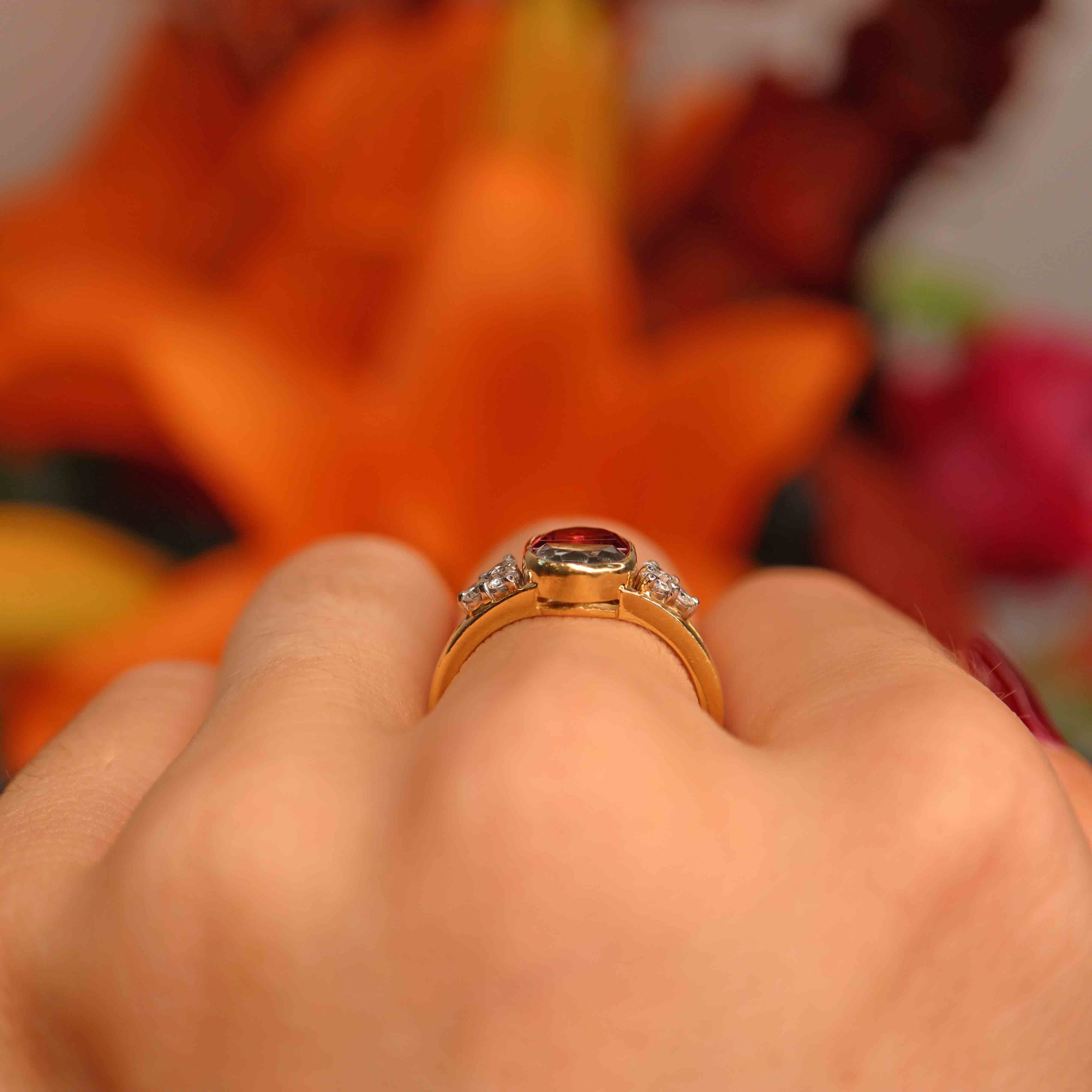 Ellibelle Jewellery Vintage 1994 Half-Moon Cut Aquamarine, Pink Tourmaline & Diamond 18ct Gold Ring