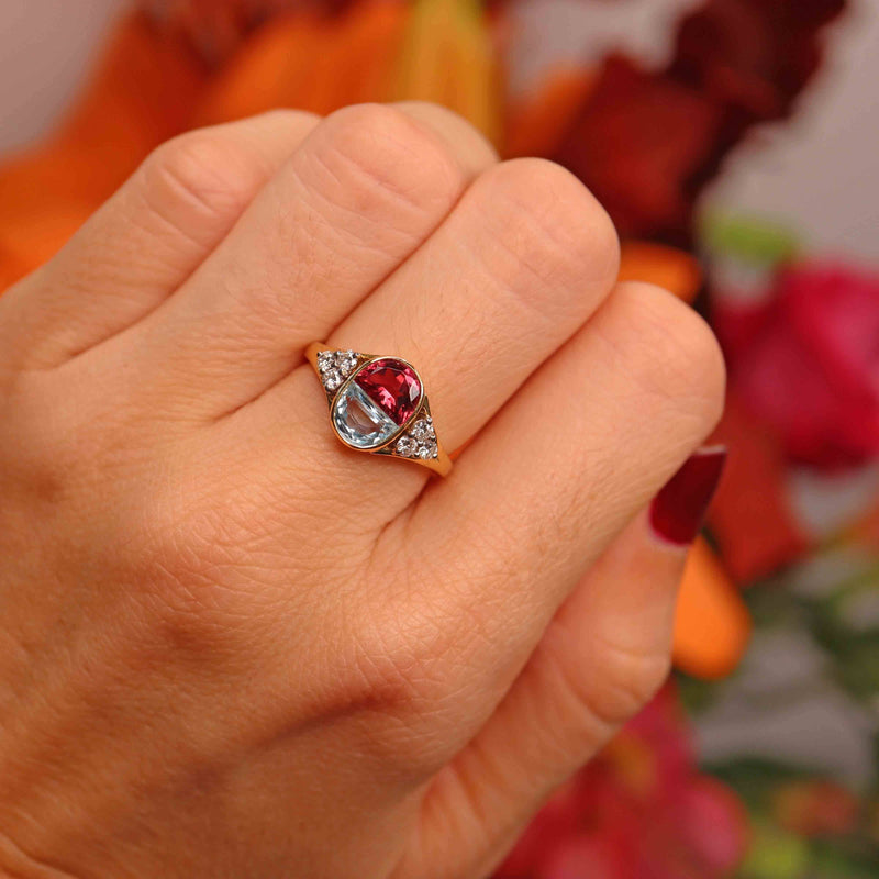 Ellibelle Jewellery Vintage 1994 Half-Moon Cut Aquamarine, Pink Tourmaline & Diamond 18ct Gold Ring