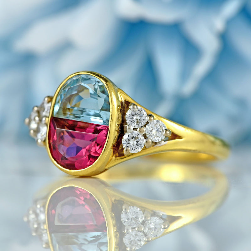 Ellibelle Jewellery Vintage 1994 Half-Moon Cut Aquamarine, Pink Tourmaline & Diamond 18ct Gold Ring