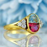 Ellibelle Jewellery Vintage 1994 Half-Moon Cut Aquamarine, Pink Tourmaline & Diamond 18ct Gold Ring