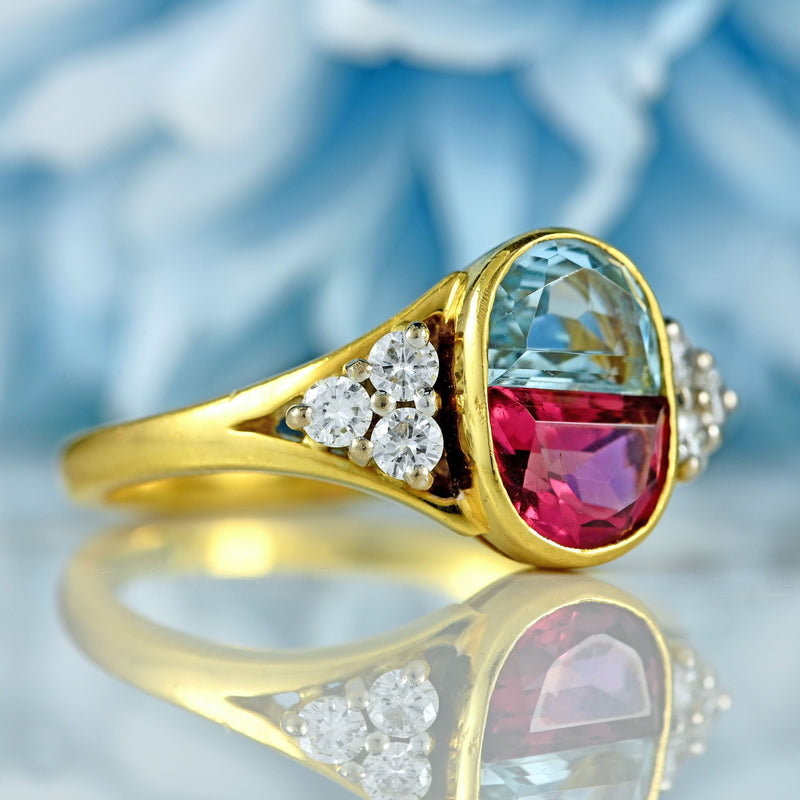 Ellibelle Jewellery Vintage 1994 Half-Moon Cut Aquamarine, Pink Tourmaline & Diamond 18ct Gold Ring