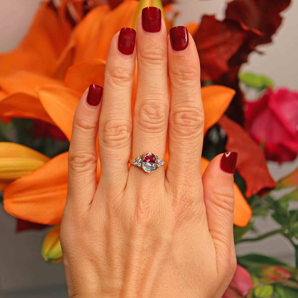 Ellibelle Jewellery Vintage 1994 Half-Moon Cut Aquamarine, Pink Tourmaline & Diamond 18ct Gold Ring