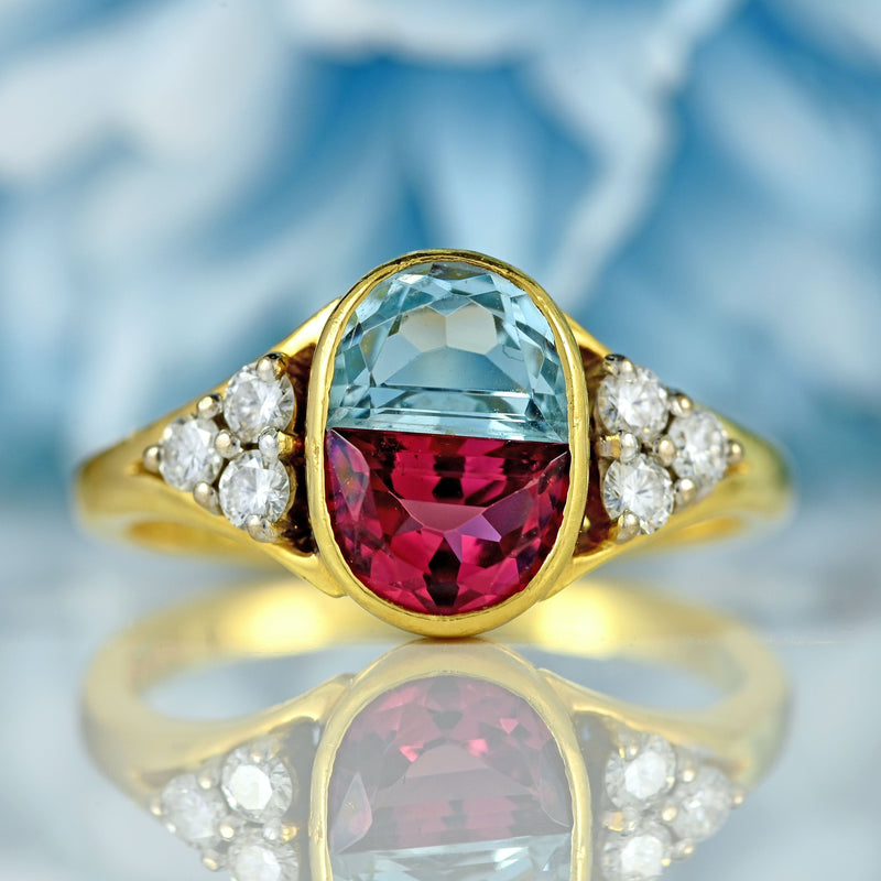 Ellibelle Jewellery Vintage 1994 Half-Moon Cut Aquamarine, Pink Tourmaline & Diamond 18ct Gold Ring