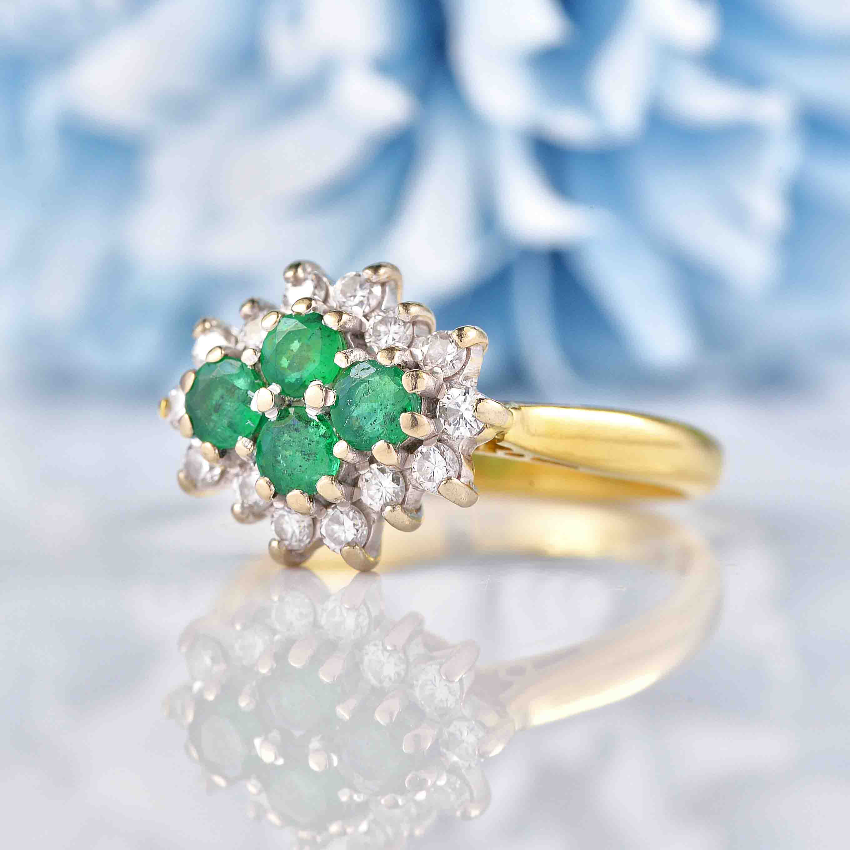 Ellibelle Jewellery Vintage 1994 Natural Emerald & Diamond 18ct Gold Cluster Ring