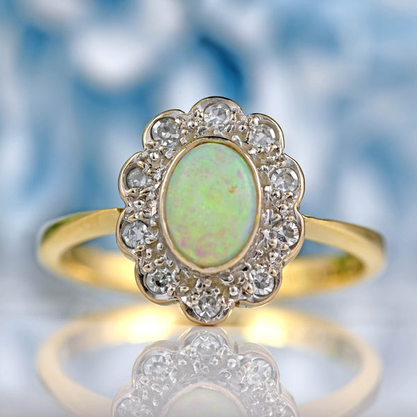 Ellibelle Jewellery Vintage 1994 Opal & Diamond 18ct Gold Cluster Engagement Ring