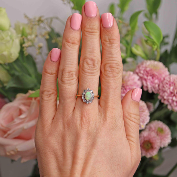 Ellibelle Jewellery Vintage 1994 Opal & Diamond 18ct Gold Cluster Engagement Ring