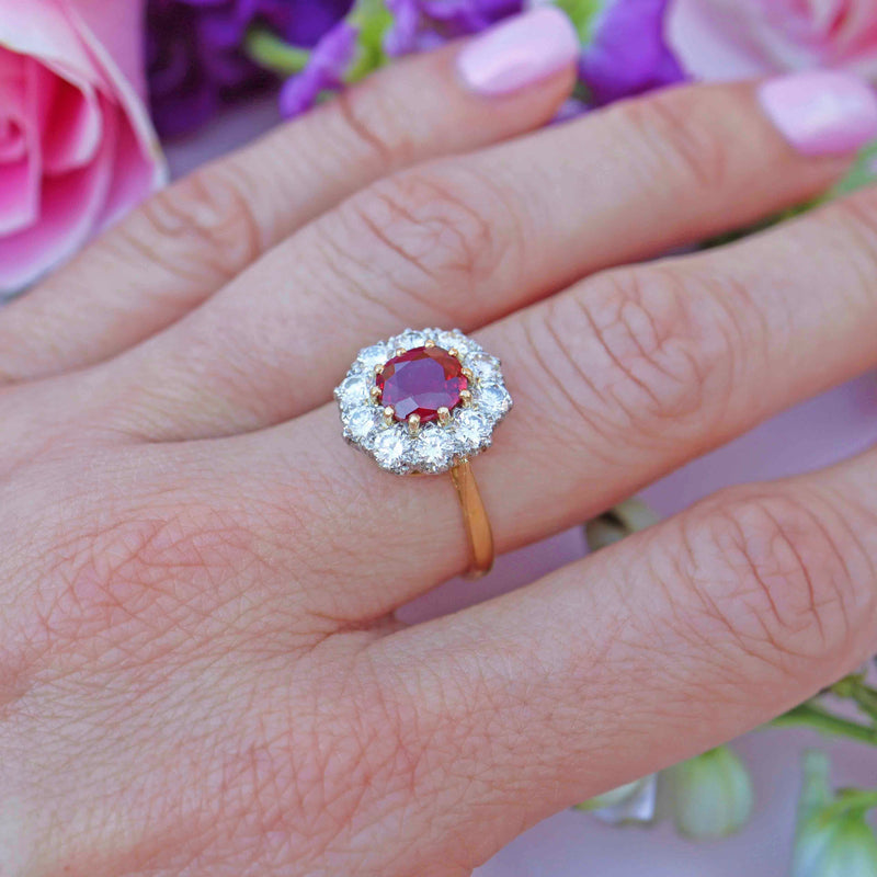 Ellibelle Jewellery Vintage 1994 Ruby & Diamond 18ct Gold Cluster Engagement Ring (1.45cts)