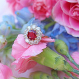 Ellibelle Jewellery Vintage 1994 Ruby & Diamond 18ct Gold Cluster Engagement Ring (1.45cts)