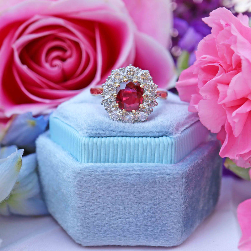 Ellibelle Jewellery Vintage 1994 Ruby & Diamond 18ct Gold Cluster Engagement Ring (1.45cts)