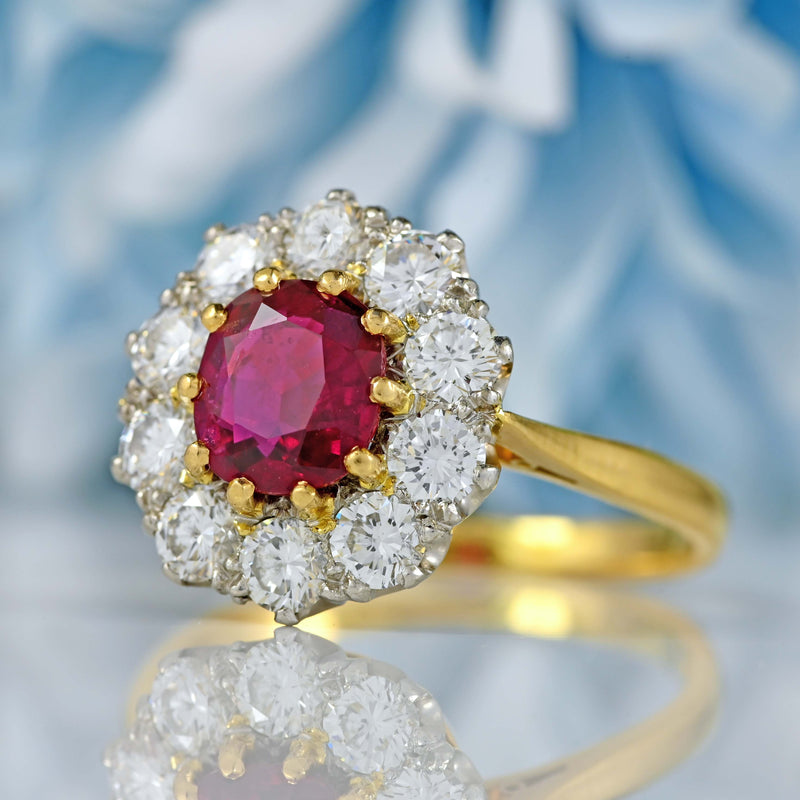 Ellibelle Jewellery Vintage 1994 Ruby & Diamond 18ct Gold Cluster Engagement Ring (1.45cts)