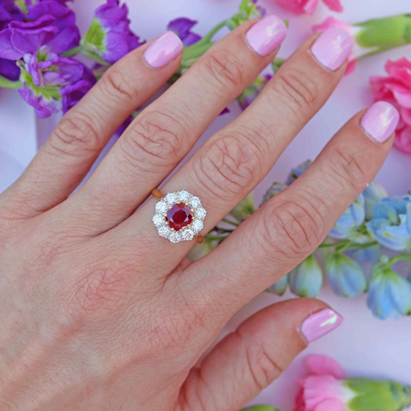 Ellibelle Jewellery Vintage 1994 Ruby & Diamond 18ct Gold Cluster Engagement Ring (1.45cts)